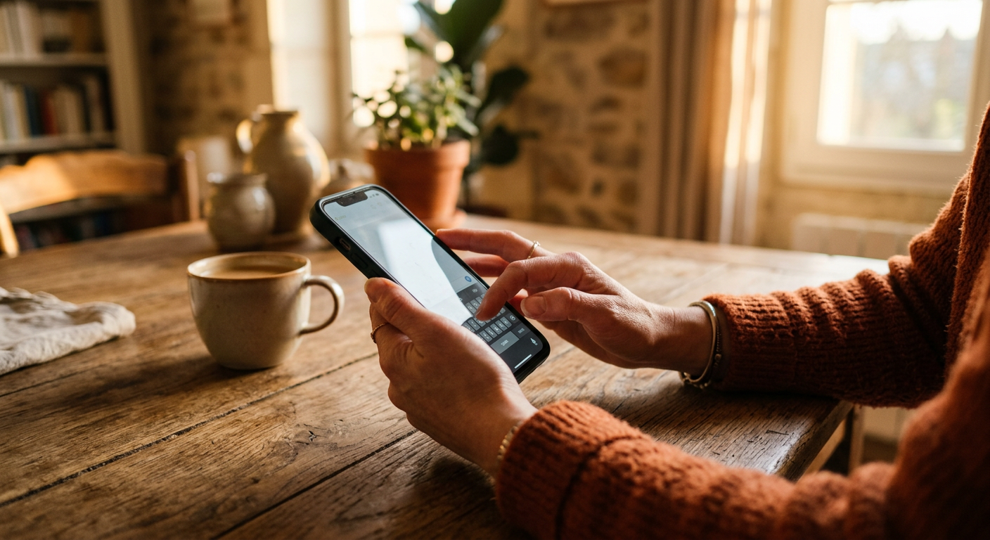 Une personne consulte une conversation shongre sur son téléphone, à table, chez elle